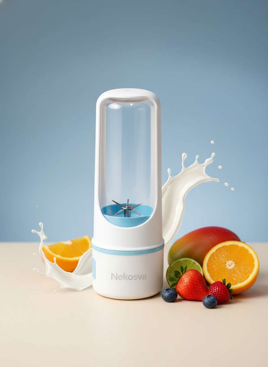 Neksova Portable USB Rechargeable Blender with powerful stainless steel blades on a cream surface, slate blue and white backg